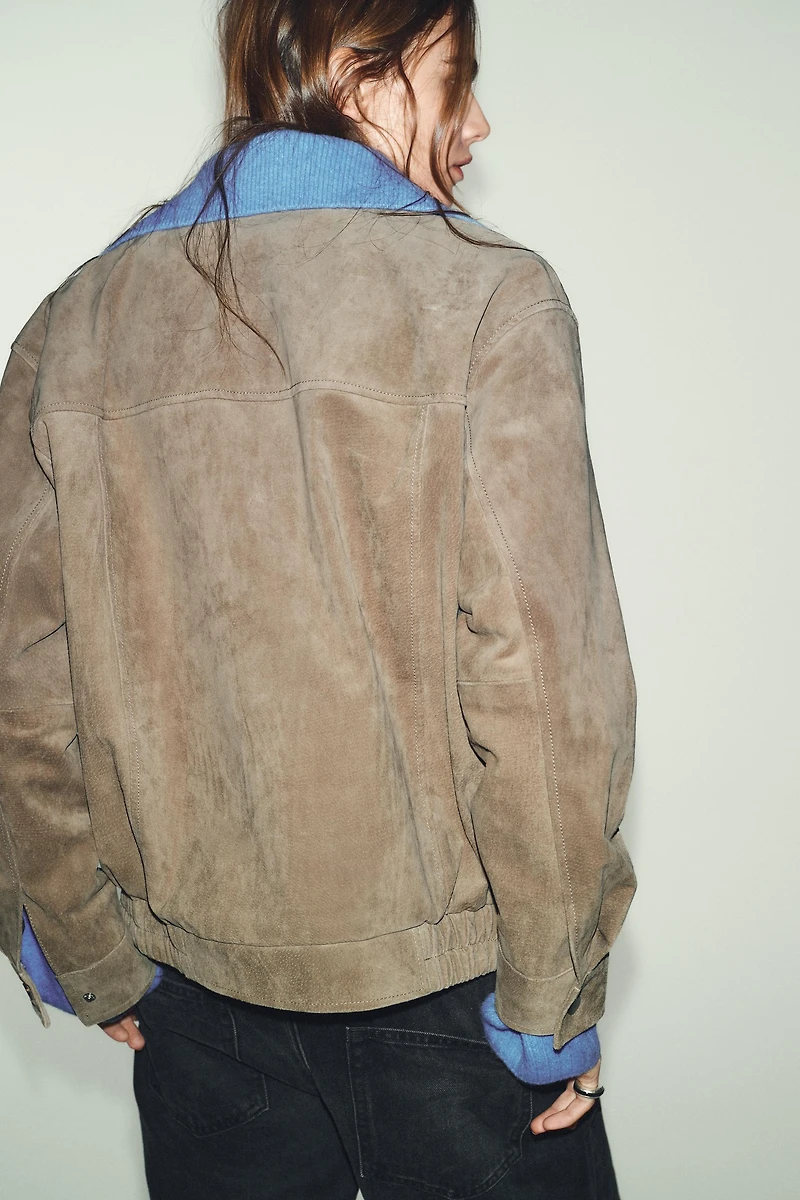 100% SUEDE LEATHER HIGH COLLAR JACKET
