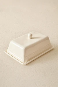 STONEWARE RAISED DESIGN BUTTER DISH