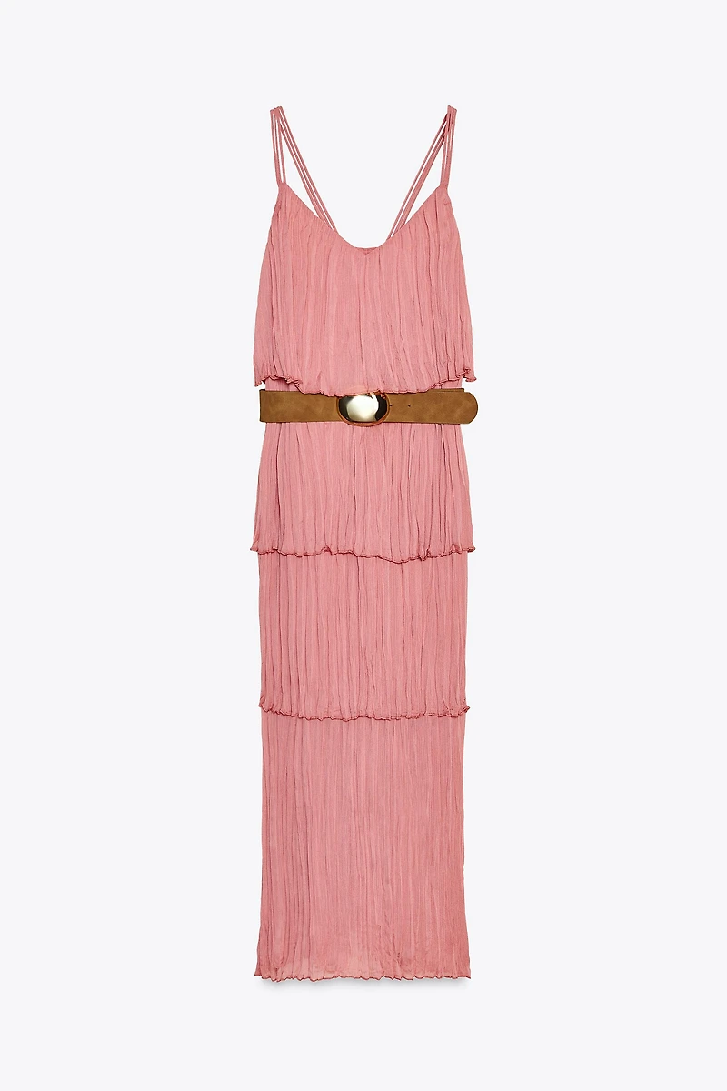 BELTED RUFFLED MIDI DRESS