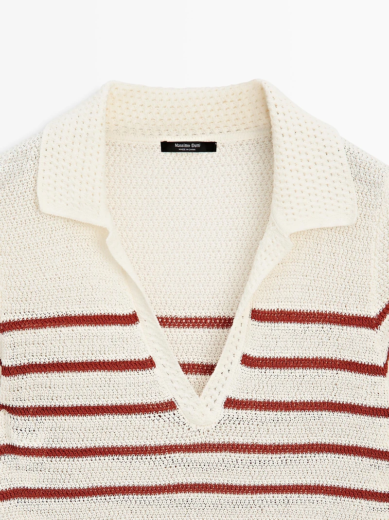 Striped cotton blend knit polo shirt