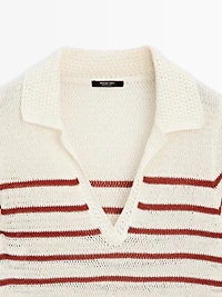 Striped cotton blend knit polo shirt