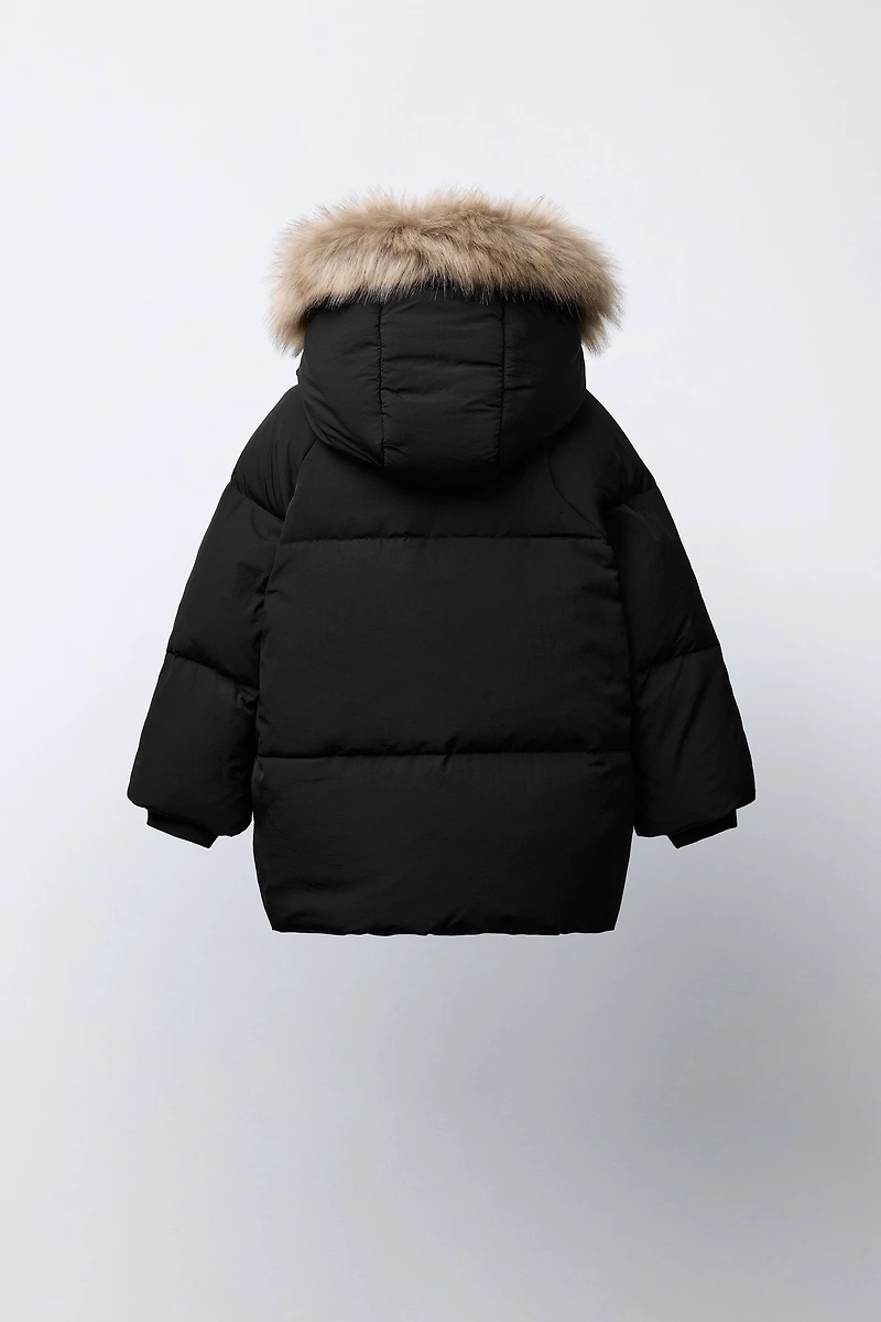 WATER REPELLENT DOWN PUFFER COAT WITH REMOVABLE FAUX FUR HOODIE