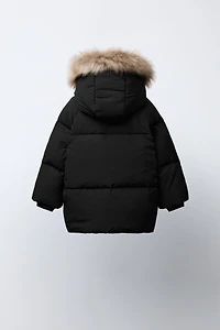 WATER REPELLENT DOWN PUFFER COAT WITH REMOVABLE FAUX FUR HOODIE