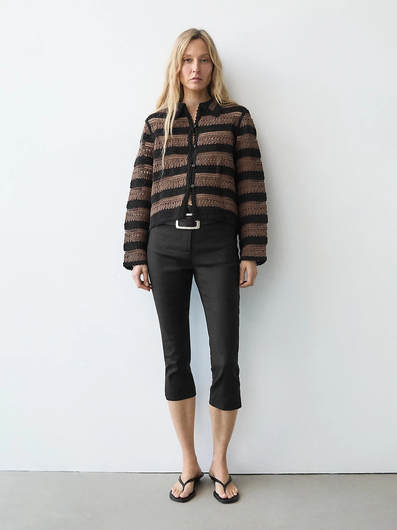 Short striped crochet knit cardigan