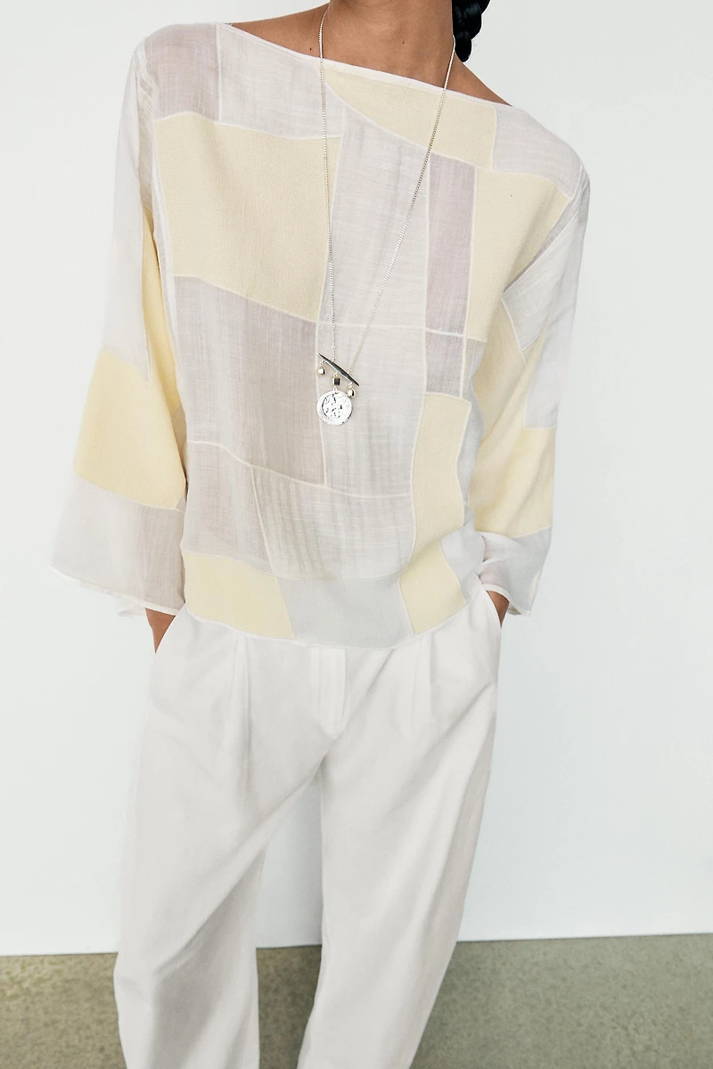 Blouse à col bateau imprimé patchwork