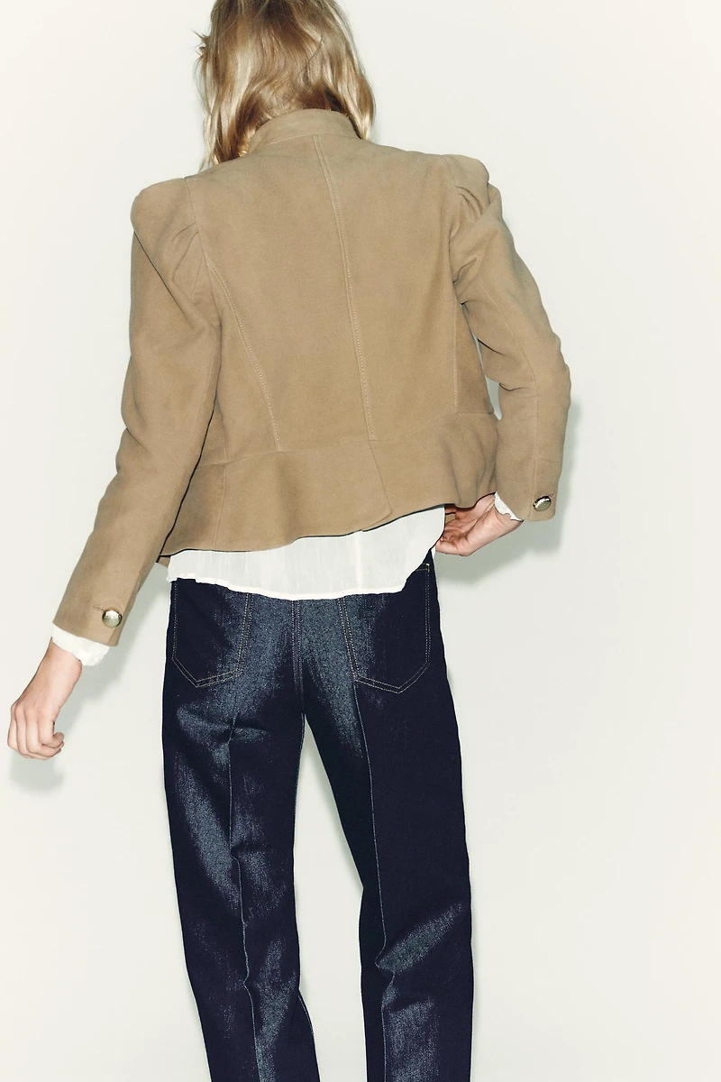 FAUX SUEDE BLAZER WITH PADDED SHOULDERS