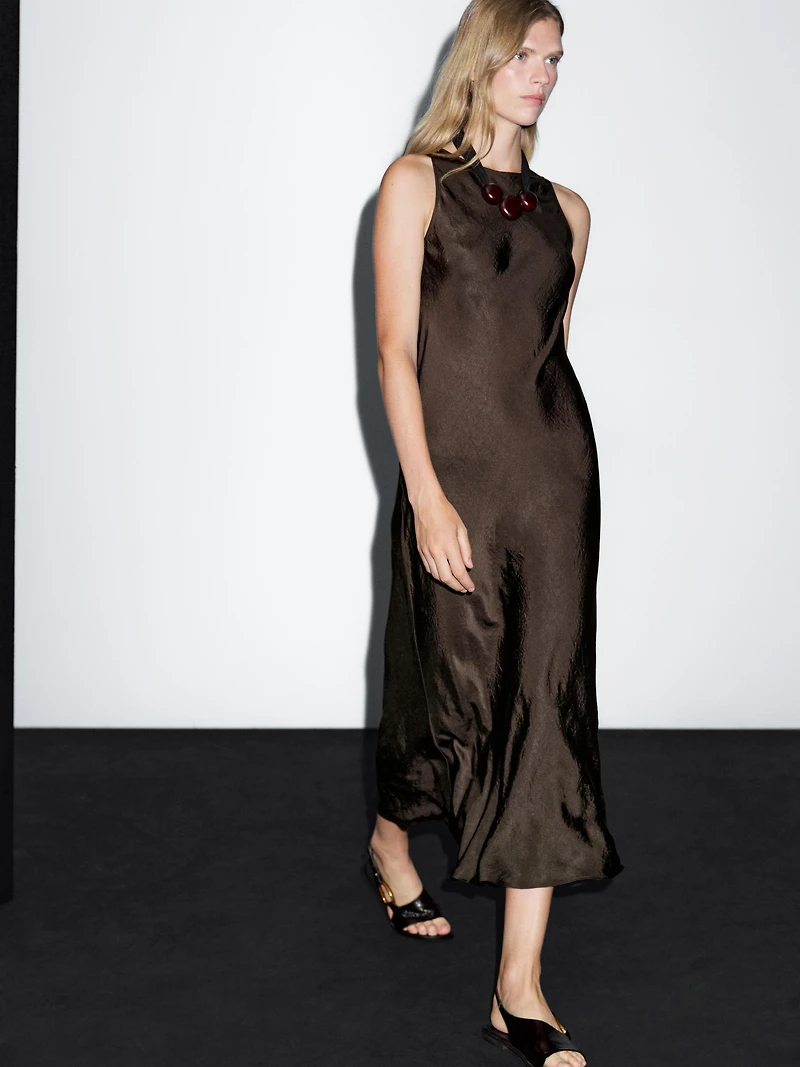 Long satin halter neck dress
