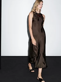 Long satin halter neck dress