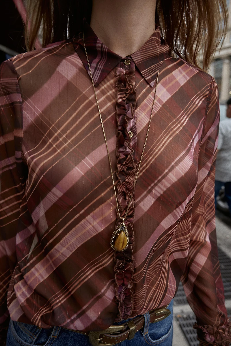 SEMI-SHEER PLAID BLOUSE