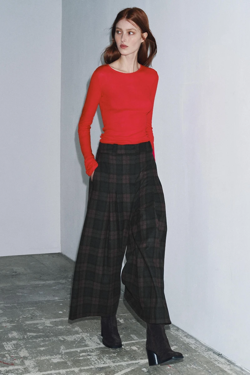 PLAID WOOL BLEND WIDE LEG PANTS ZW COLLECTION