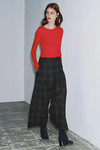 PLAID WOOL BLEND WIDE LEG PANTS ZW COLLECTION
