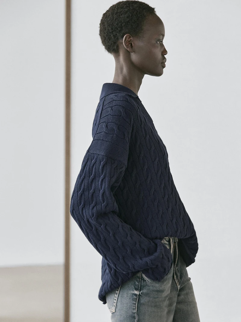 Cotton blend knit polo collar sweater