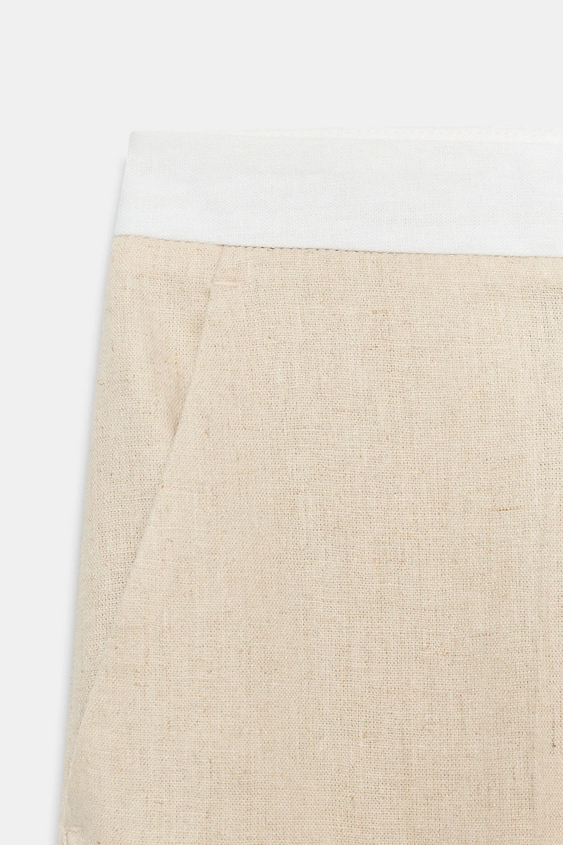 STRAIGHT LEG LINEN PANTS WITH CONTRAST WAIST