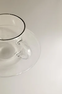 BOROSILICATE GLASS TEA CUP AND SAUCER WITH SILVER RIM