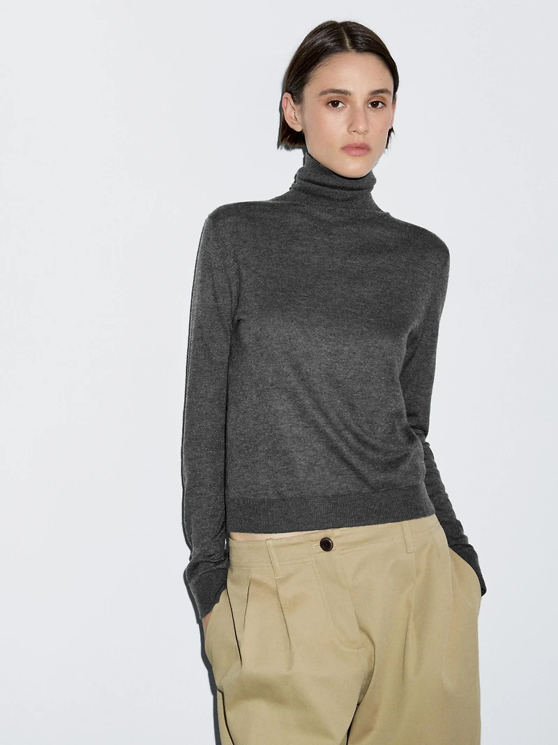 Wool blend high neck knit sweater