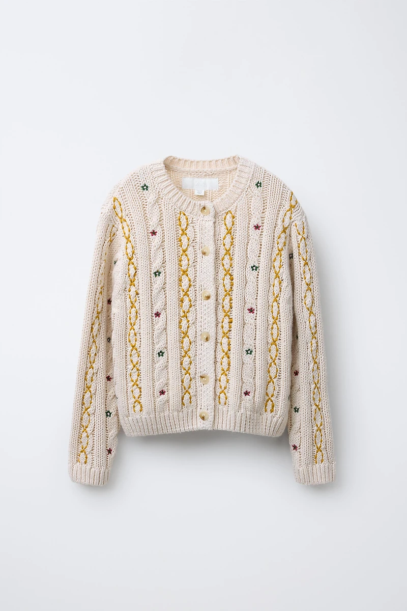 EMBROIDERED CABLE KNIT CARDIGAN