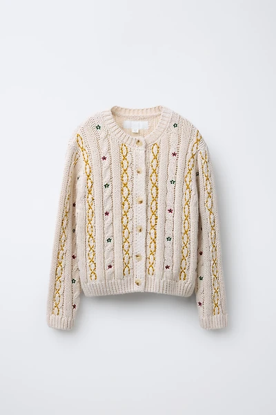 EMBROIDERED CABLE KNIT CARDIGAN