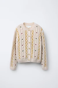 EMBROIDERED CABLE KNIT CARDIGAN