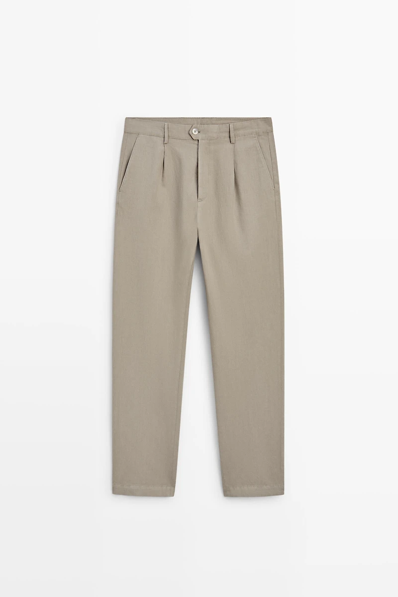Straight-leg linen and cotton trousers with darts