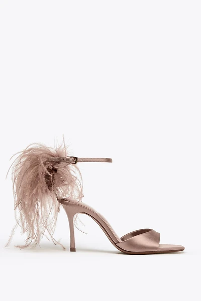 FAUX FEATHER HEELED SANDALS