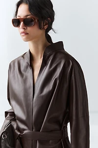 Wrap-front nappa leather jacket with tie detail