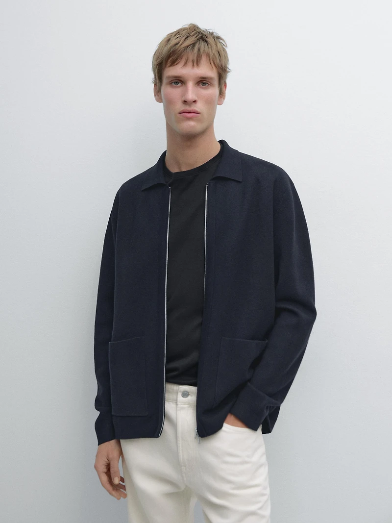 Cardigan zippé avec poches en coton et laine