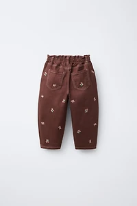 PANTALON BAGGY SERGÉ FLEURS BRODÉES