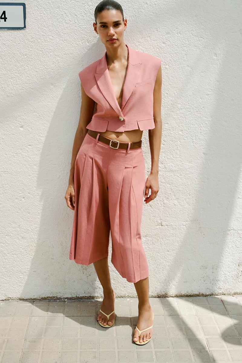 LINEN BELTED LONG BERMUDA SHORTS