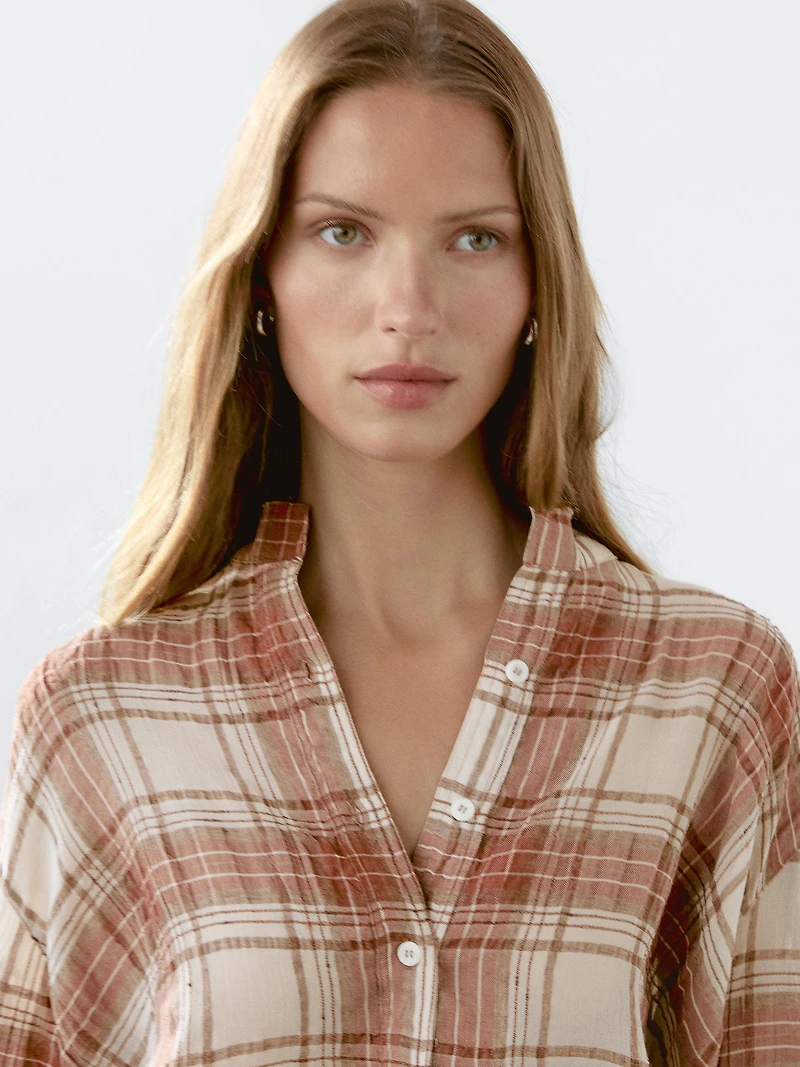 Oversized checked shirt with stand collar