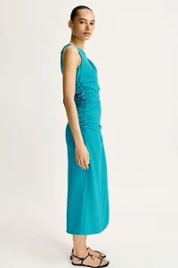 GOLD APPLIQUE DRAPED MIDI DRESS