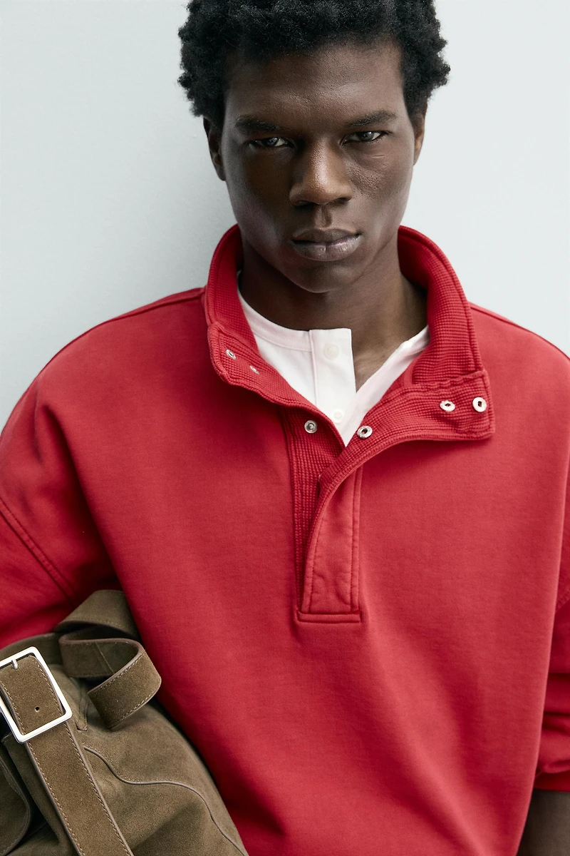 COMBINATION WAFFLE POLO SWEATSHIRT