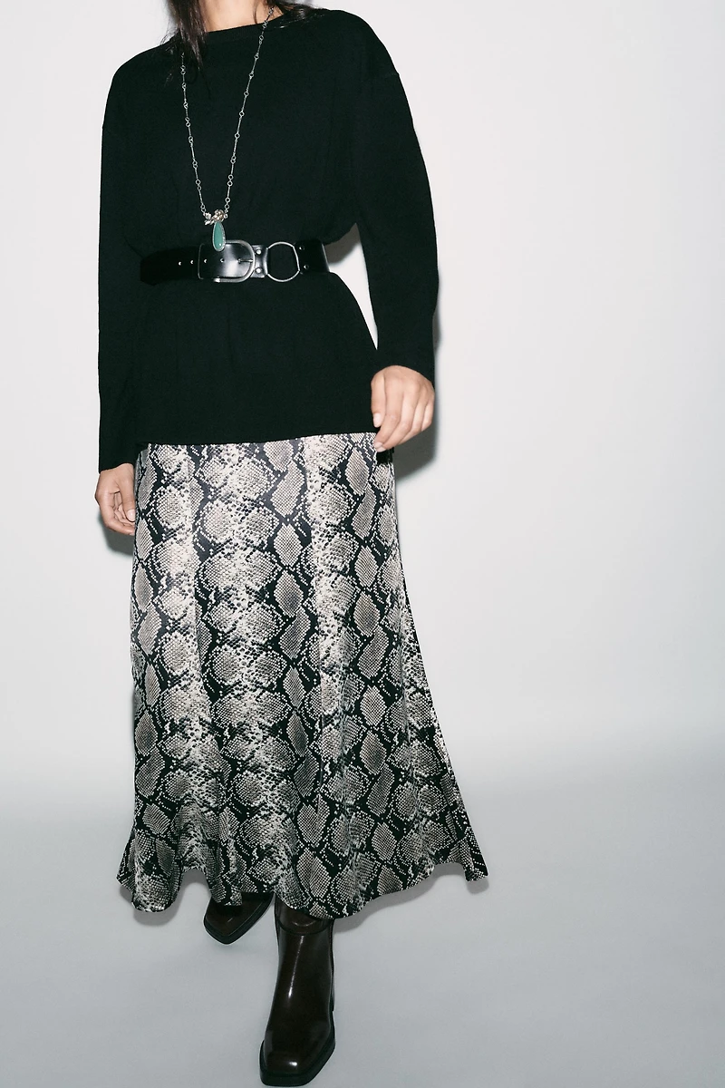 ANIMAL PRINT SATIN MIDI SKIRT