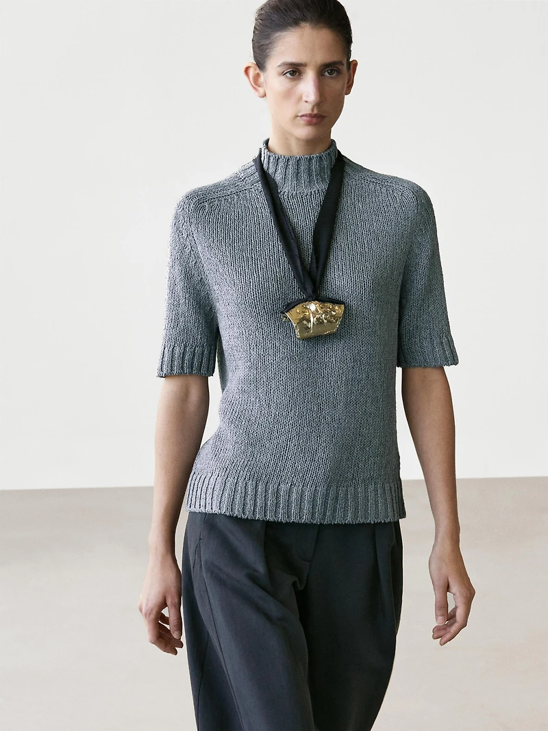 Cotton blend knit sweater with mock turtleneck