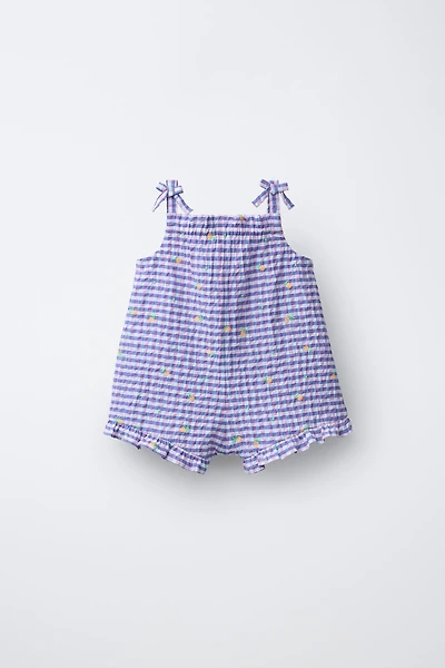 SHORT GINGHAM JUMPSUIT WITH EMBROIDERED FRUIT