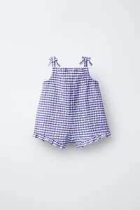 SHORT GINGHAM JUMPSUIT WITH EMBROIDERED FRUIT