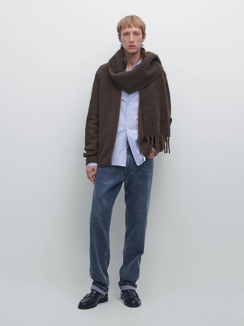 Wool blend zip-up knit cardigan