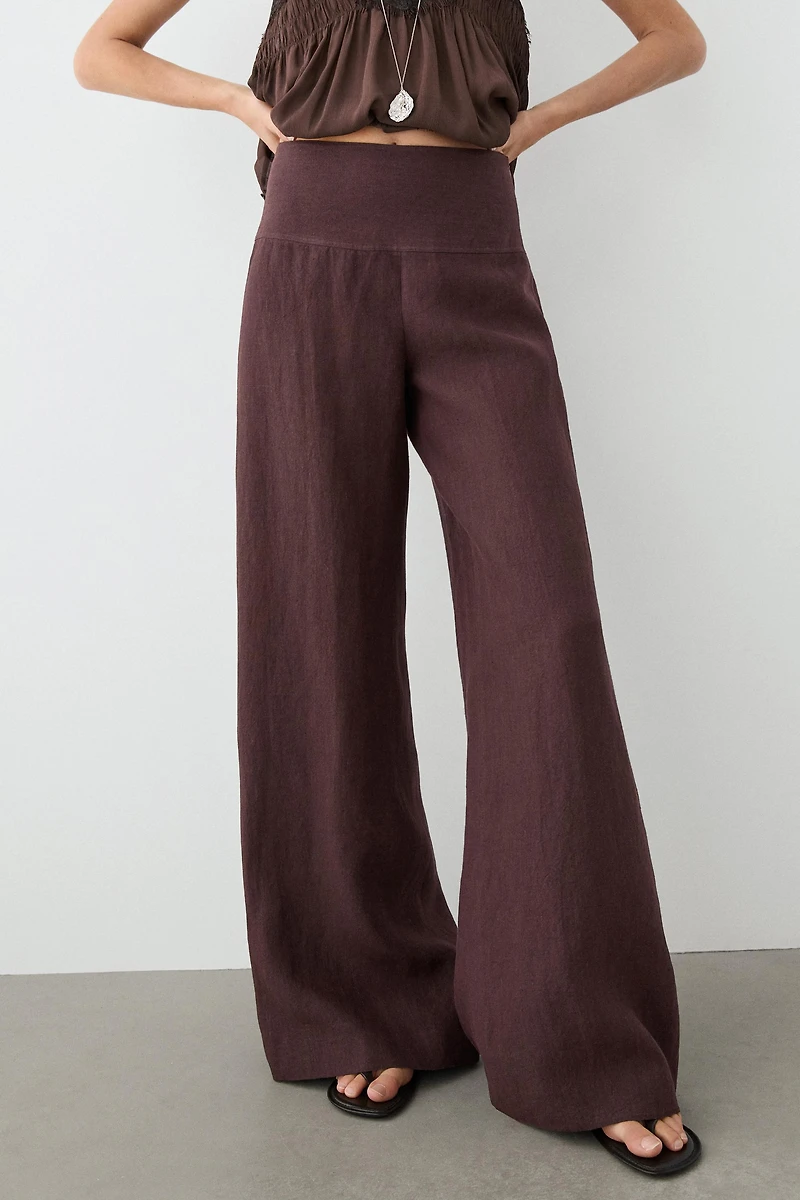 Pantalon flare taille moyenne 100 % lin
