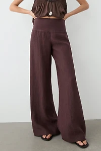 Pantalon flare taille moyenne 100 % lin