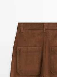 Suede leather wide-leg trousers with pockets
