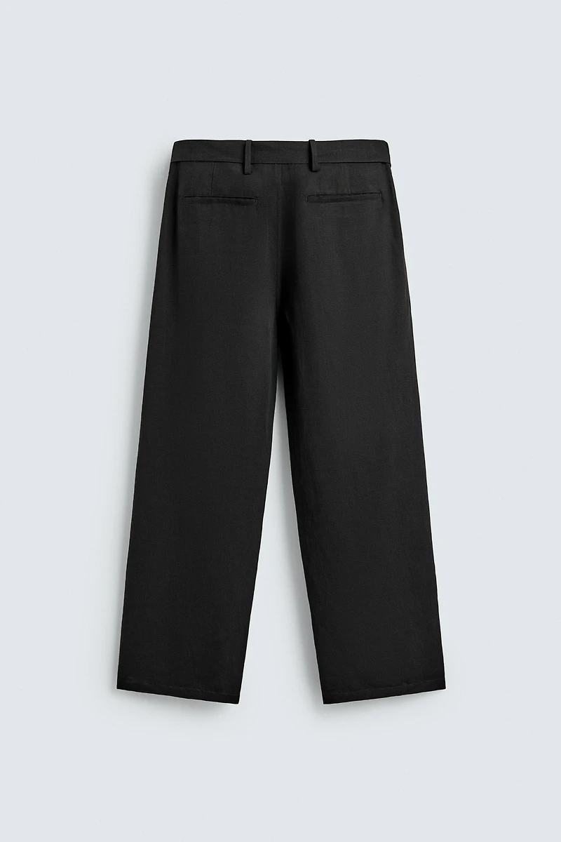 RELAXED FIT VISCOSE-LINEN BELTED PANTS