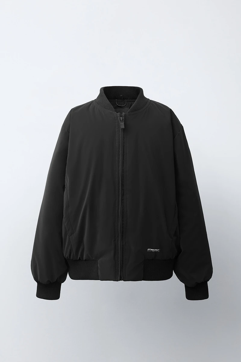 RUBBERIZED BOMBER JACKET WITH DETACHABLE HOOD