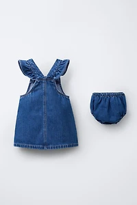 RUFFLE DENIM PINAFORE DRESS AND SHORTS