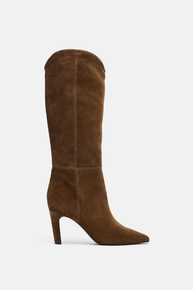 STITCHED SPLIT LEATHER HEELED BOOTS