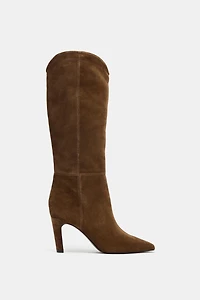 STITCHED SPLIT LEATHER HEELED BOOTS