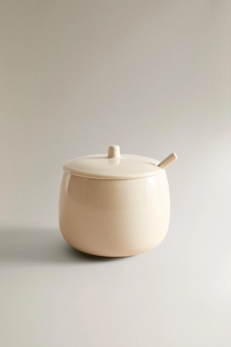 PLAIN STONEWARE SUGAR BOWL WITH SPOON