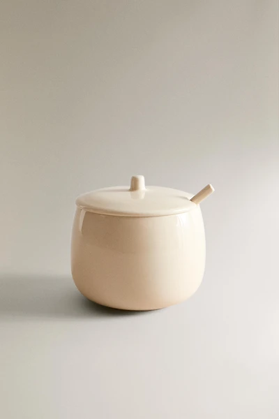 PLAIN STONEWARE SUGAR BOWL WITH SPOON