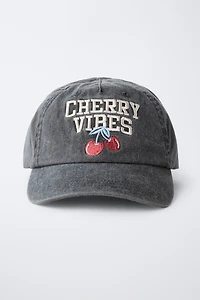WASHED EFFECT CAP WITH CHERRY EMBROIDERY