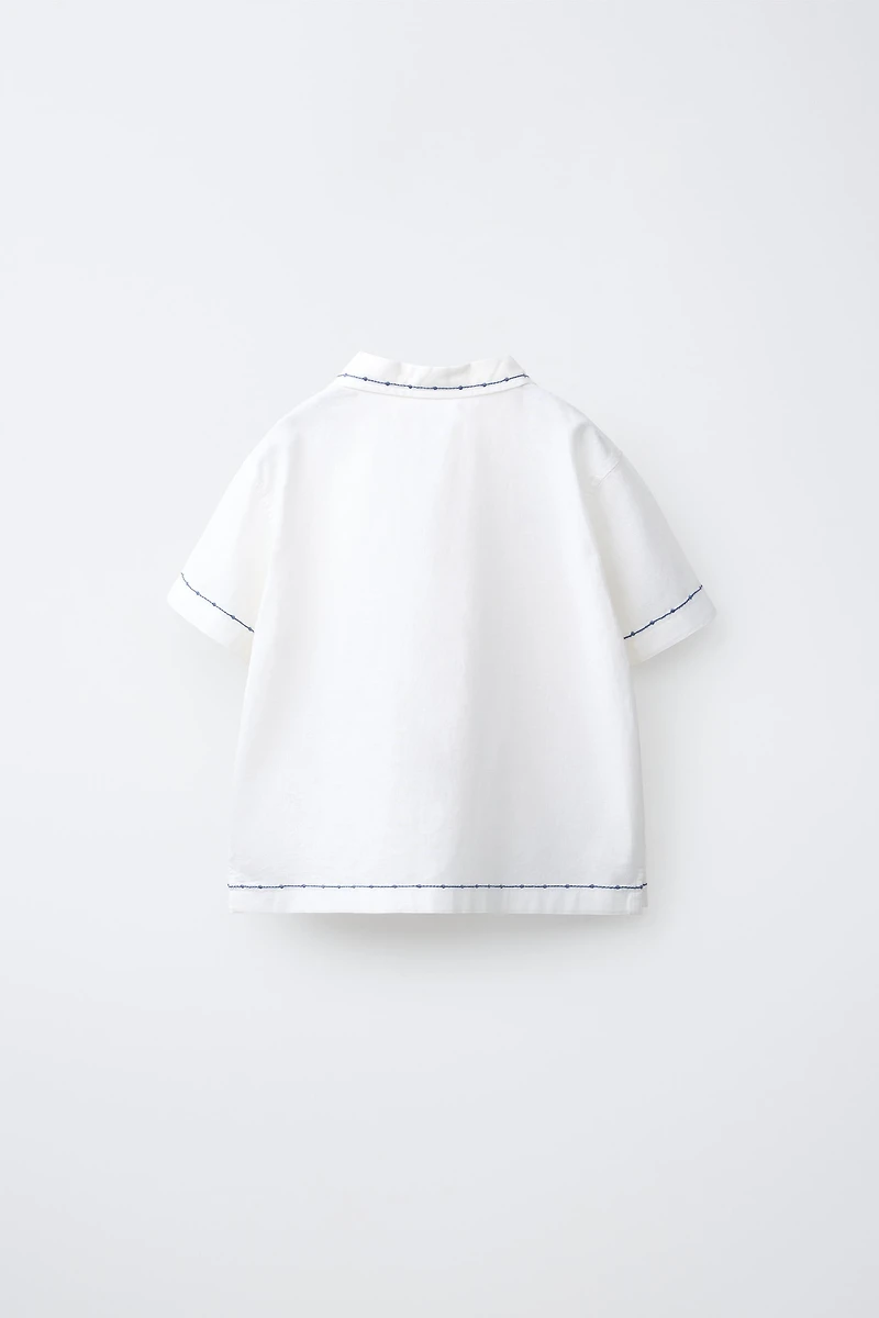 COTTON AND LINEN CONTRAST EMBROIDERY SHIRT