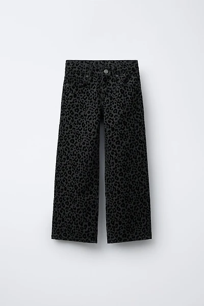 FLOCKED ANIMAL PRINT WIDE LEG JEANS