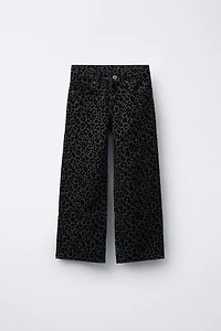FLOCKED ANIMAL PRINT WIDE LEG JEANS